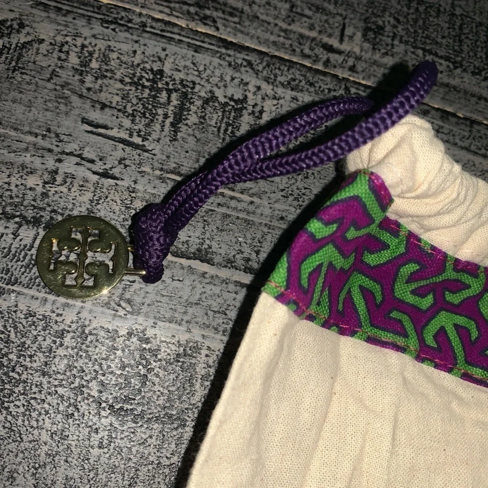 Tory Burch Cream Drawstring Bag with Purple and Green Pattern Dust Bag